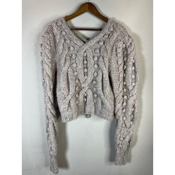 SEA‎ New York Chunky Cable Knit Wool Crop Sweater L Beige Back Lace Up Luxury - Picture 1 of 11